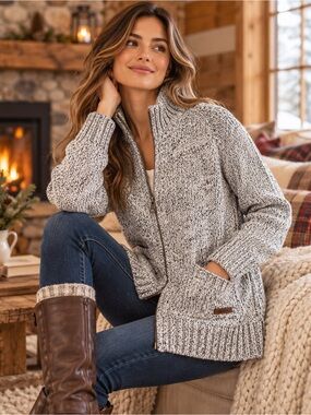 Roots Canada Limited Chunky Knit Full Zip Cardigan Salt & Pepper S